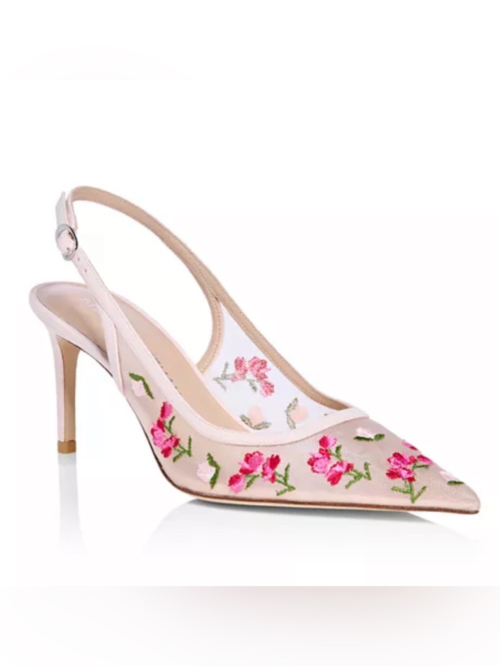 Pink Floral Embroidered Slingback Pumps